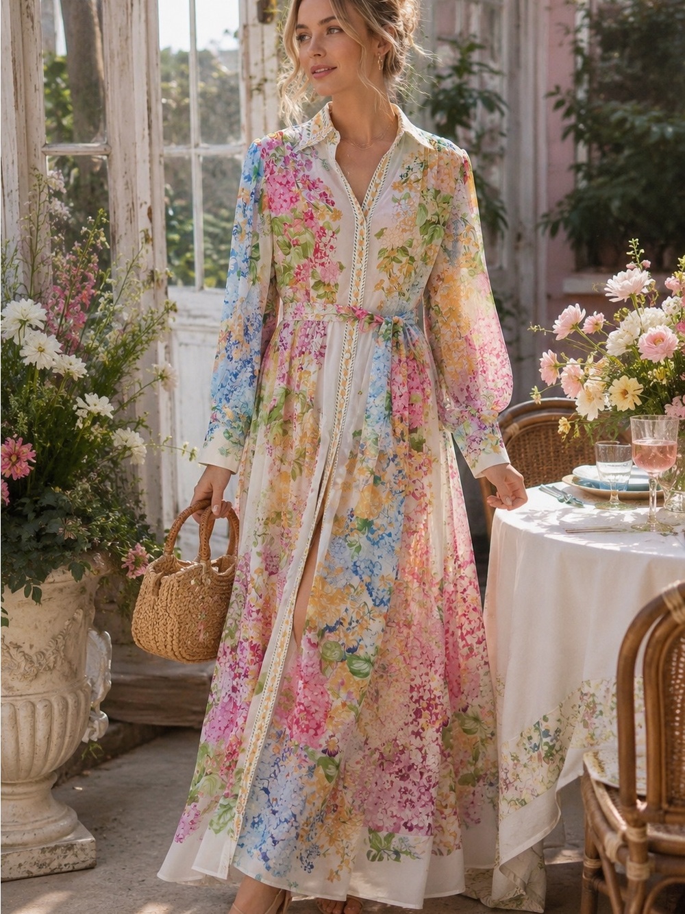 Karolina Floral Maxi Dress Small Cottagecore Boho Button Front Kimono NWOT